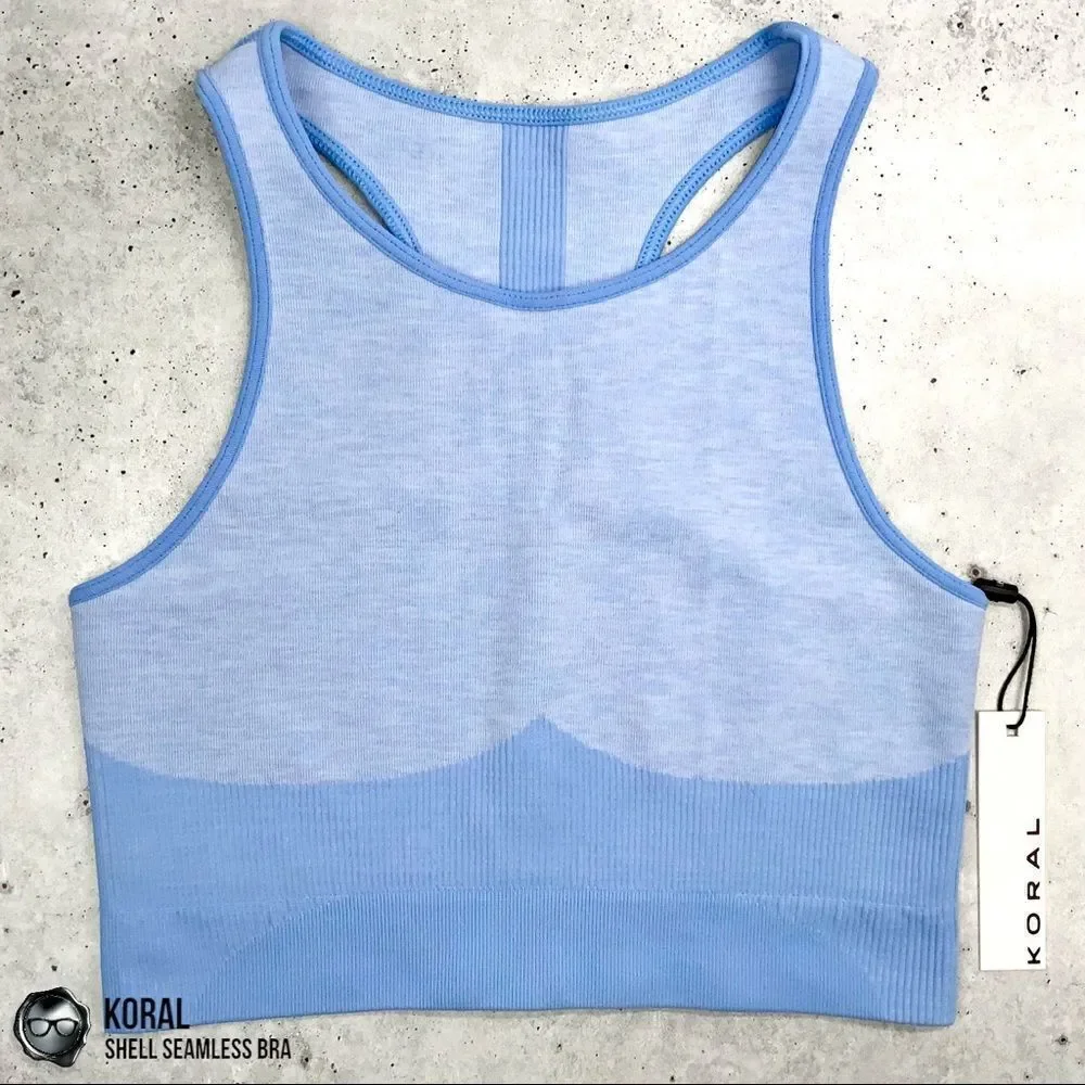 KORAL SHELL SEAMLESS SPORTS BRA BEL AIR BLUE RACERBACK CROPPED TANK SIZE SMALL